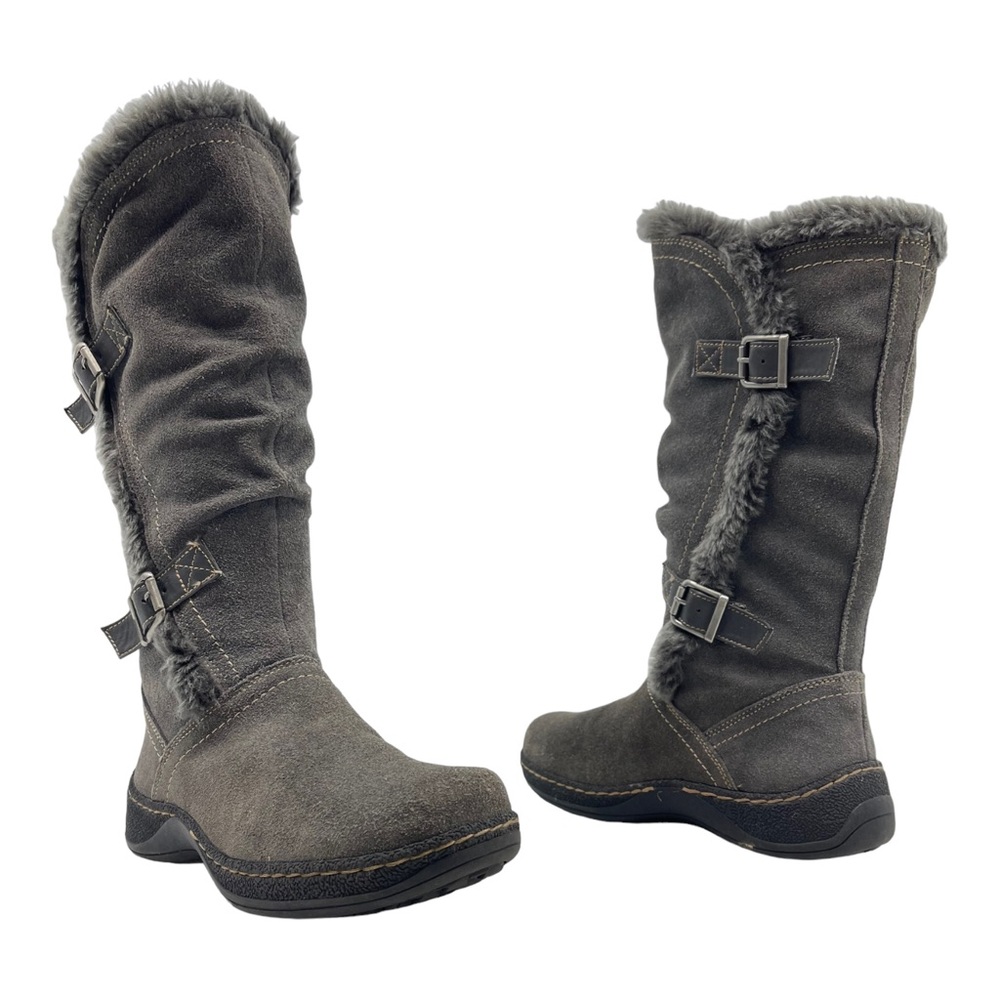Vintage Y2K BASS Womens 8 Suede Leather Square Toe Knee High Wedge Boots GRAY